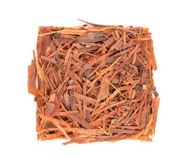 Lapacho herbal tea, isolated on white background. Natural Taheeboo dry tea. Pau d'arco herb. Tabebuia heptophylla. Top view.