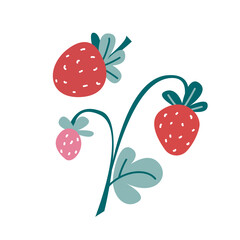 Strawberry with leaves and flowers. Vector Eps 10. Cartoon clipart fun