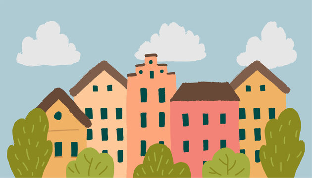 Vector cityscape with colorful houses in hand drawn style. 
