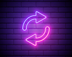 Glowing neon line Refresh icon isolated on brick wall background. Reload symbol. Rotation arrows in a circle sign. Vector Illustration © Skiffcha