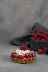 A delicious dessert for the whole family and easy diet, raspberry basket of unleavened dough with a...