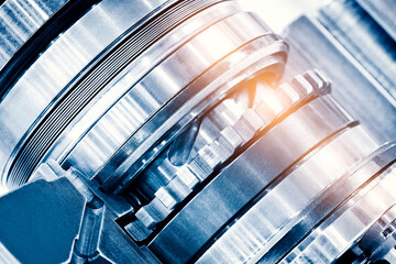 Steel blades of turbine propeller. Close-up view. In B/W. Selected focus on foreground, engineering...