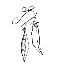pea pod hand drawn one line, black and white minimalistic sketch of a vegetable on a white background, stylized vector graphic