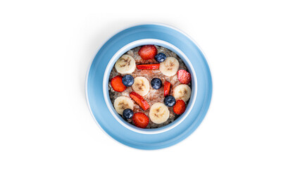Obraz na płótnie Canvas Oatmeal with fruit isolated on a white background. Oatmeal with strawberries, blueberries and banana.
