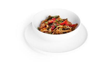 Wok noodles with seafood isolated on a white background. Pasta with shrimp and mussels.