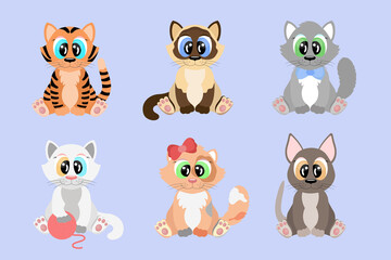Cartoon cats set. Cute kittens of different breeds with big eyes are sitting. Vector illustration