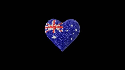 Australia National Day. Heart shape made out of shiny spheres on black background. 3D rendering.