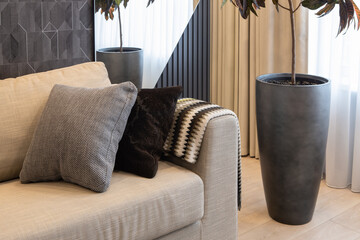 Interior of living room in neutral earthy tones. Large sofa with decorative cushions, potted plant Croton, geometric wood panel and mirror on wall. Concept modern interior design, natural materials