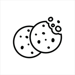 Two chocolate chip cookies icon of chocolate cake on white background. Simple cookie icon vector illustration. Bitten cookies silhouette or logo. Round black and white biscuit symbol isolated