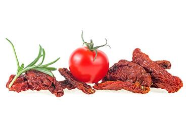Mediterranean cuisine - sun dried tomatoes with fresh tomato and rosemary isolated on a white background. Vegetarian concept.