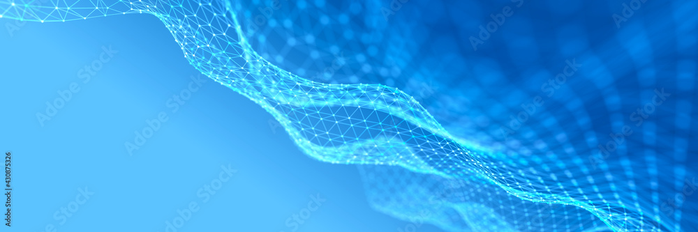Poster Abstract digital blue background. Network connection structure. Big data. Futuristic wave. 3D rendering.