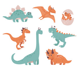 Funny dinosaurs. Stegosaurus, triceratops, brachiosaurus, brontosaurus, velociraptor, pteranodon, tyrannosaurus rex, egg. Collection of prehistoric animals. The dinos are smiling. Vector set