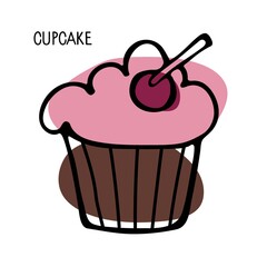Cupcake sketch. Vector illustration of cute creamy sweet cupcakewith cherry. Linear style with colorful abstract stains. Signs of confectionery or bakery, cafe or restaurant menu.