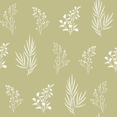 Seamless isolated silhouette pattern of tree branches with leaves. Botanical illustration. Design of wallpaper, fabrics, textiles, packaging, posters, postcards, wedding design.
