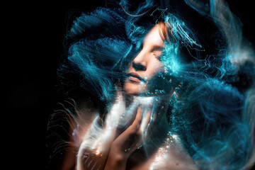lightpainting portrait, new art direction, long exposure photo without photoshop, light drawing at...