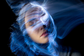 lightpainting portrait, new art direction, long exposure photo without photoshop, light drawing at long exposure	