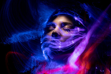 lightpainting portrait, new art direction, long exposure photo without photoshop, light drawing at long exposure	