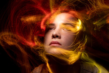 lightpainting portrait, new art direction, long exposure photo without photoshop, light drawing at long exposure	