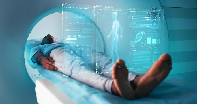 Black patient in futuristic CT machine