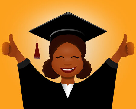 The graduate a happy joyful African girl in a graduate cap and gown raises her hands in the air.