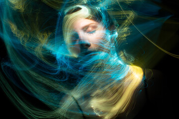 lightpainting portrait, new art direction, long exposure photo without photoshop, light drawing at long exposure	
