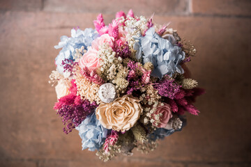 Wildflower bridal bouquet at a vintage wedding, viewed from above. bouquet of flowers. bridal bouquet. wedding concept