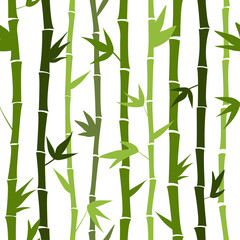 Seamless pattern of green vertical stems, bamboo branches and leaves . Natural eco-friendly plant ornament for background, wallpaper, packaging paper. Vector graphics.