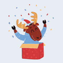 Vector illustration of Reindeer child sitting in Christmas gift box and celebration