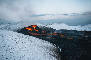 Iceland Volcanic eruption 2021. The volcano Fagradalsfjall is located in the valley Geldingadalir...