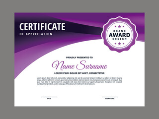 Abstract Smooth Certificate with Purple Curve Element Design, Professional, Modern, Elegant Certificate with Purple Flow Mesh Gradient Background Template Vector