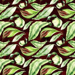 Seamless pattern with green tropical exotic palm leaves on abstract white black zigzag background. Fabric, wrapping paper print.