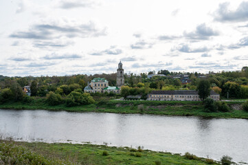 Fototapeta na wymiar View of the Volga River, the town and the Church of St. Nicholas of Myra, Staritsa, Tver region, Russian Federation, September 20, 2020