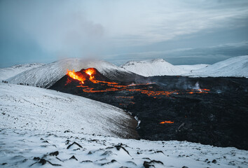 Iceland Volcanic eruption 2021. The volcano Fagradalsfjall is located in the valley Geldingadalir...