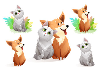 Animals cat and dog friends together, funny pets clipart collection. Vector illustration.