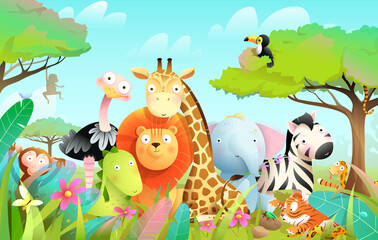 Fototapeta na wymiar Wild exotic baby animals in african jungle or savanna with trees and leaves background. Cute colorful animals safari adventure for kids. Vector cartoon in watercolor style.