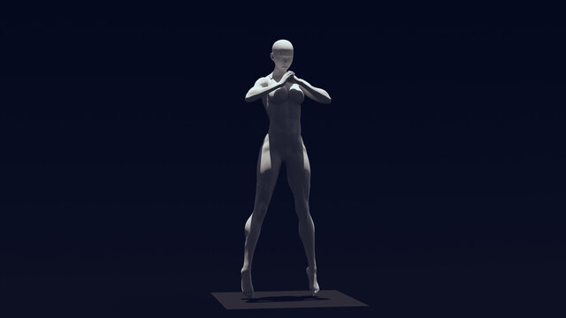 White Light Grey Stone Muscular Woman Statue Floating with Top Down Lighting 3d illustration render