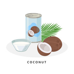Coconut milk in can and bowl. Plant milk, vegan milk concept. Vector illustration isolated on white background. Alternative milk and ingredients.
