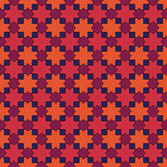 Seamless pattern. Moroccan stars and crosses tiles ornament. Oriental traditional ornamentation. Repeated geometric shapes. Ancient mosaic wallpaper. Ethnic motif. Geometrical digital paper. Vector