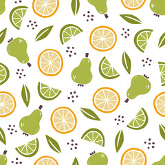 Hand drawn seamless pattern of simple pear, orange, lime. Doodle sketch style. Fruit pattern for food shop, wallpaper, background, textile design