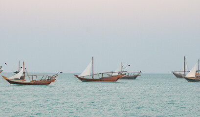Traditional Dhow boats in Dhow festival, Doha Qatar. Selective focus