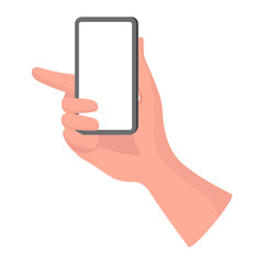 Hand holding smartphone with empty screen with space for text or label vector flat illustration isolated on white background. Phone in human arm. Right hand holds mobile phone with blank screen.
