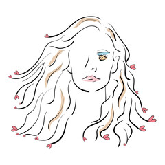 Chalk sketch of a woman with heart shapes on hair