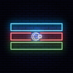 Neon sign in the form of the flag of Azerbaijan. Against the background of a brick wall with a shadow. for the design of tourist or patriotic themes. Blue Red Green White colors.