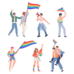 LGBTQ pride vector flat illustration. Men and women in rainbow clothes with LGBT flag. Lesbian, gay, bisexual, transgender male and female characters. Human rights and tolerance concept.