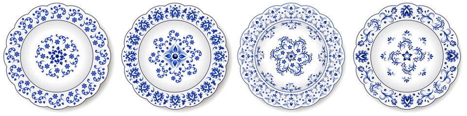 Porcelain plates, blue on white pattern in oriental asian style. Abstract floral ornament with China design. Decorative plate or dish isolated. Vector illustration
