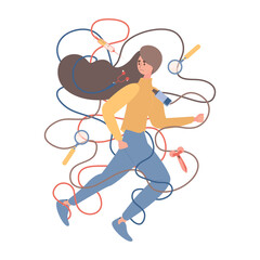 Handsome woman trying to avoid beauty procedures vector flat illustration. Female character running away from botox injections and cosmetic procedures. Body positive and self care concept.