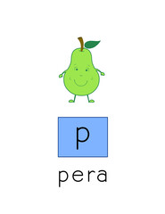 palabra que comienza con la letra p, caricatura infantil de una pera. aprender español con dibujos