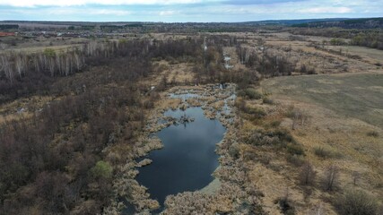 Fototapeta na wymiar Marshland. Salt marsh fly-through. Panorama of marshland. The wetland was photographed from a height.