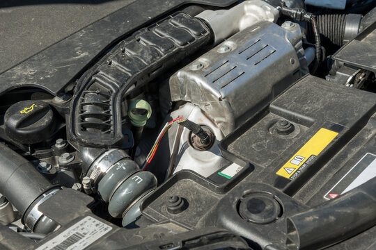 cables bitten by a marten in a car in more detail a lambda probe. gnaw marks and dirt in the engine compartment