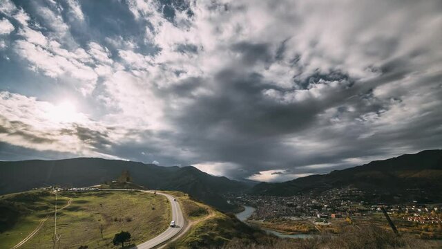 Mtskheta, Georgia. Road Going To Jvari, Georgian Orthodox Monastery, World Heritage By UNESCO. Beautiful Autumn Mountain Landscape And Ancient Temple